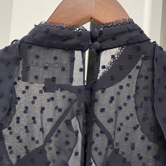Nicholas Ruffle Trim Cold Shoulder Blouse Sheer Swiss Dot Top Navy Blue Size 6 • - Picture 7 of 7